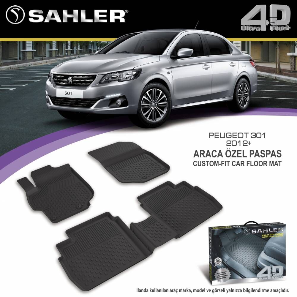 Sahler gumene patosnice za Peugeot 301 (2012+), komplet od četiri tipske patosnice sa visokom ivicom